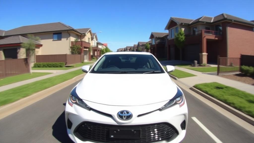 White Toyota hybrid car on suburban street in Point Cook Melbourne for Uber driving
