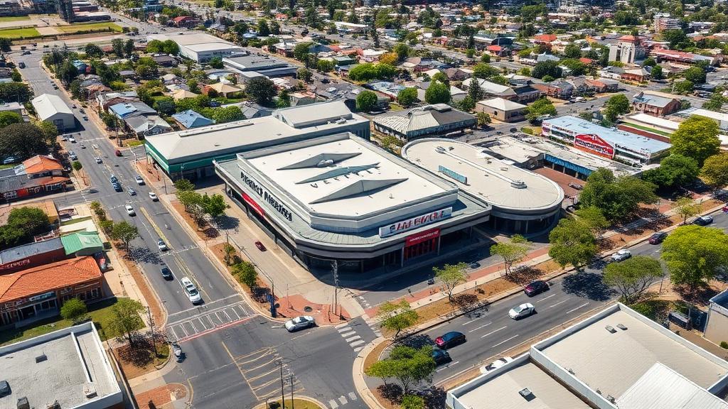 Aerial view of Werribee suburb Melbourne showing shopping centre and suburban streets for Uber drivers