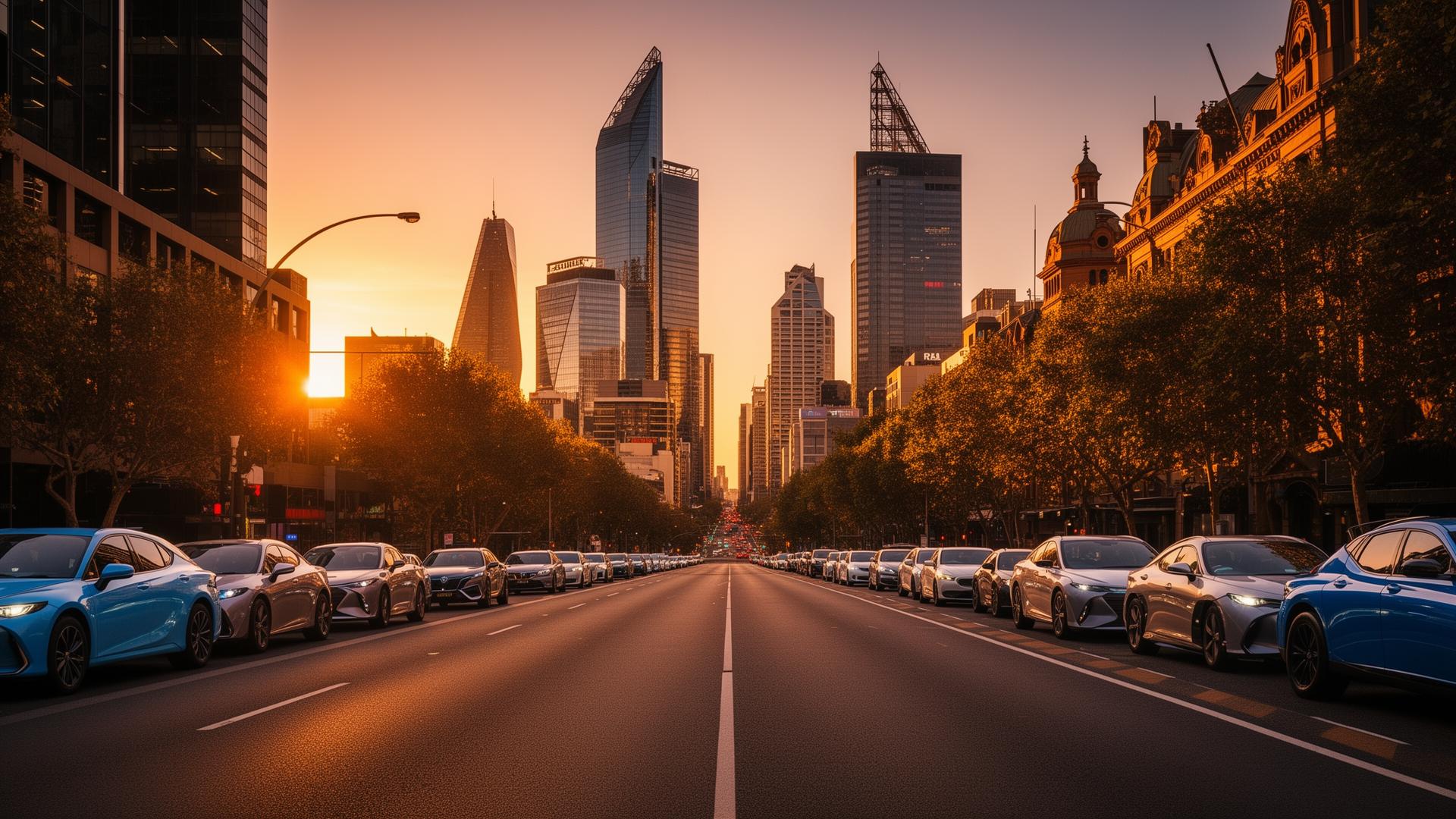 Car rental fleet on Melbourne city street at sunset